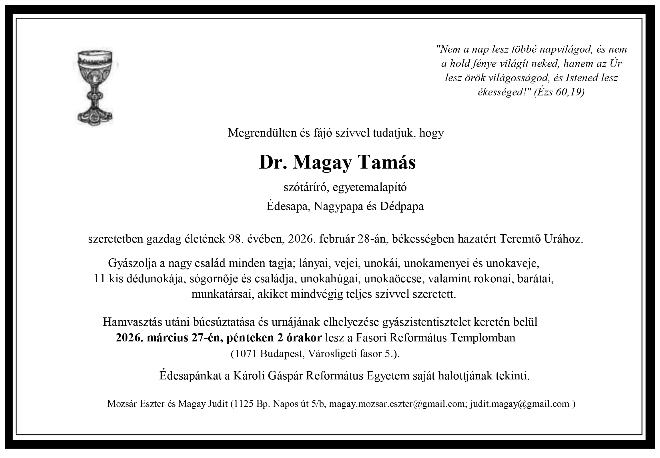 Dr. Magay Tamás gyászjelentője - link pdf-re